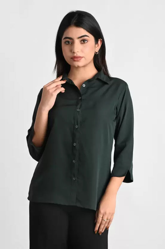 Dark Green Solid Polyester Shirt