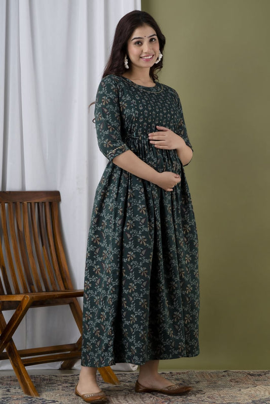 Green Gold Printed Maternity Gown