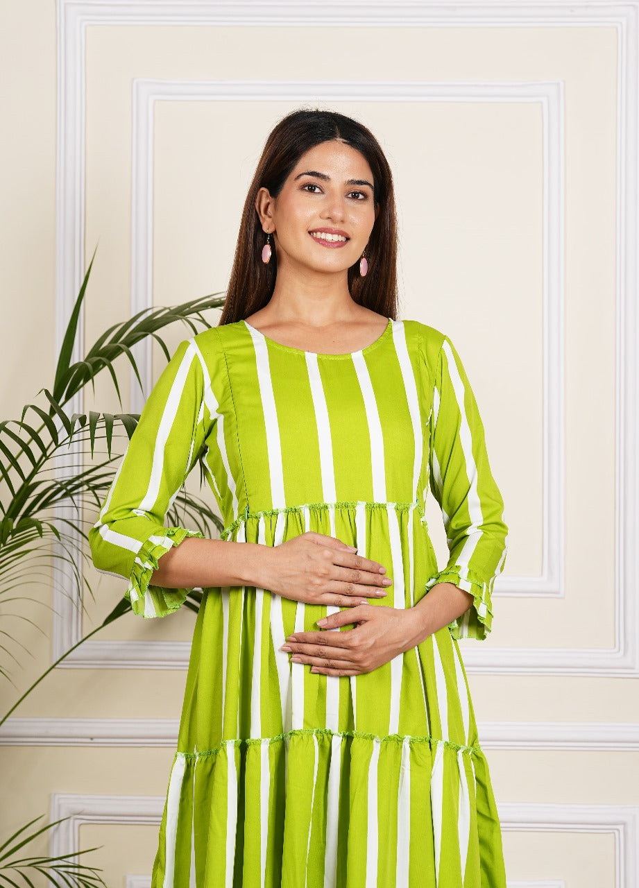 Women's Green Stripe Maternity Gown