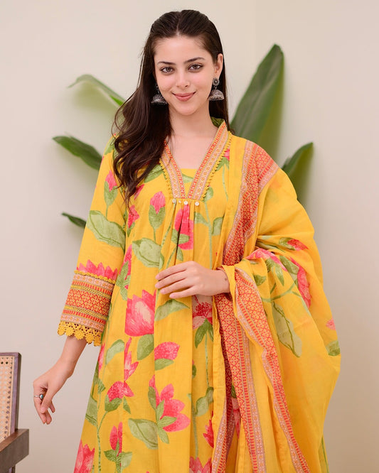 Graceful Yellow Printed Rayon Suit with Dupatta