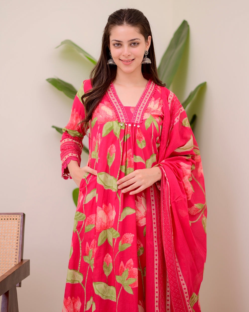 Graceful Pink Printed Rayon Suit with Dupatta