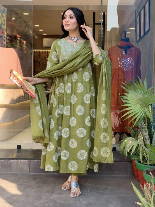 Green Cotton Printed Suit with Dupatta