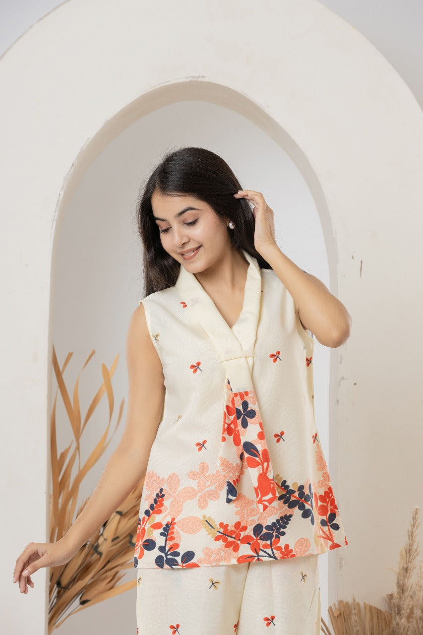 Cream Floral Sleeveless Printed Co-ord Set
