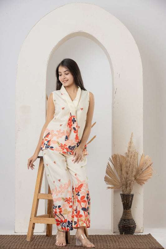 Cream Floral Sleeveless Printed Co-ord Set
