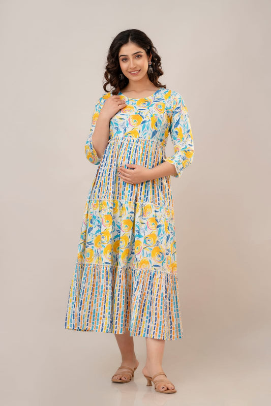 Yellow Multicolor Printed Maternity Gown