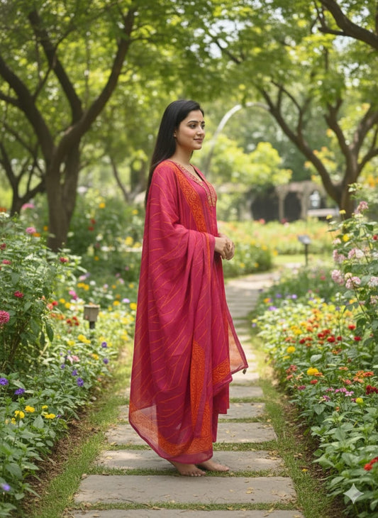 Cotton cherry red Printed 3-Piece kurta Set