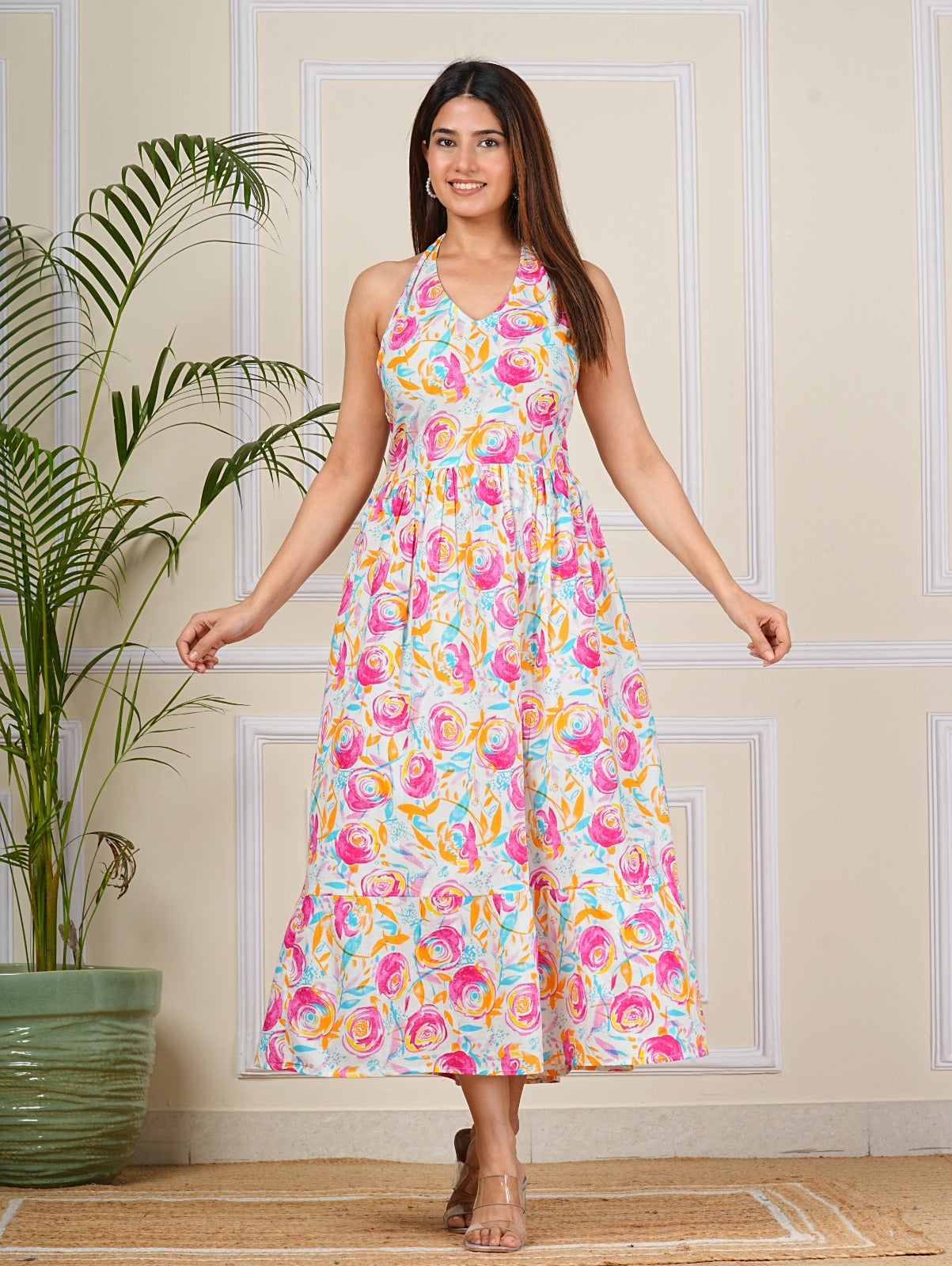 Pink Floral Sleeveless Cotton Dress