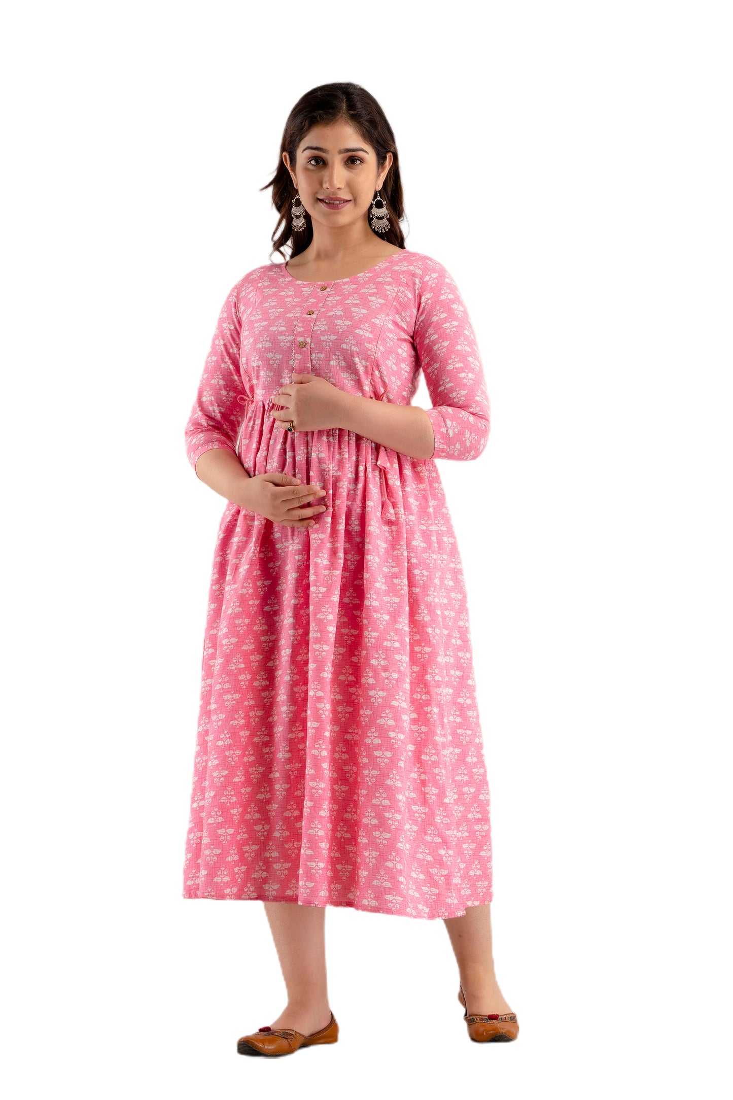 Pink Rayon Printed Maternity Gown