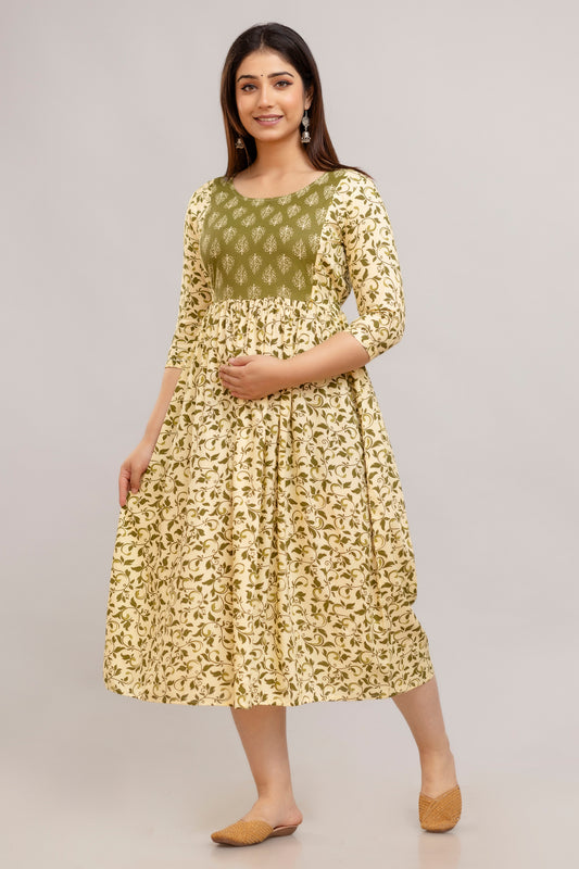 Cream Printed Maternity Gown