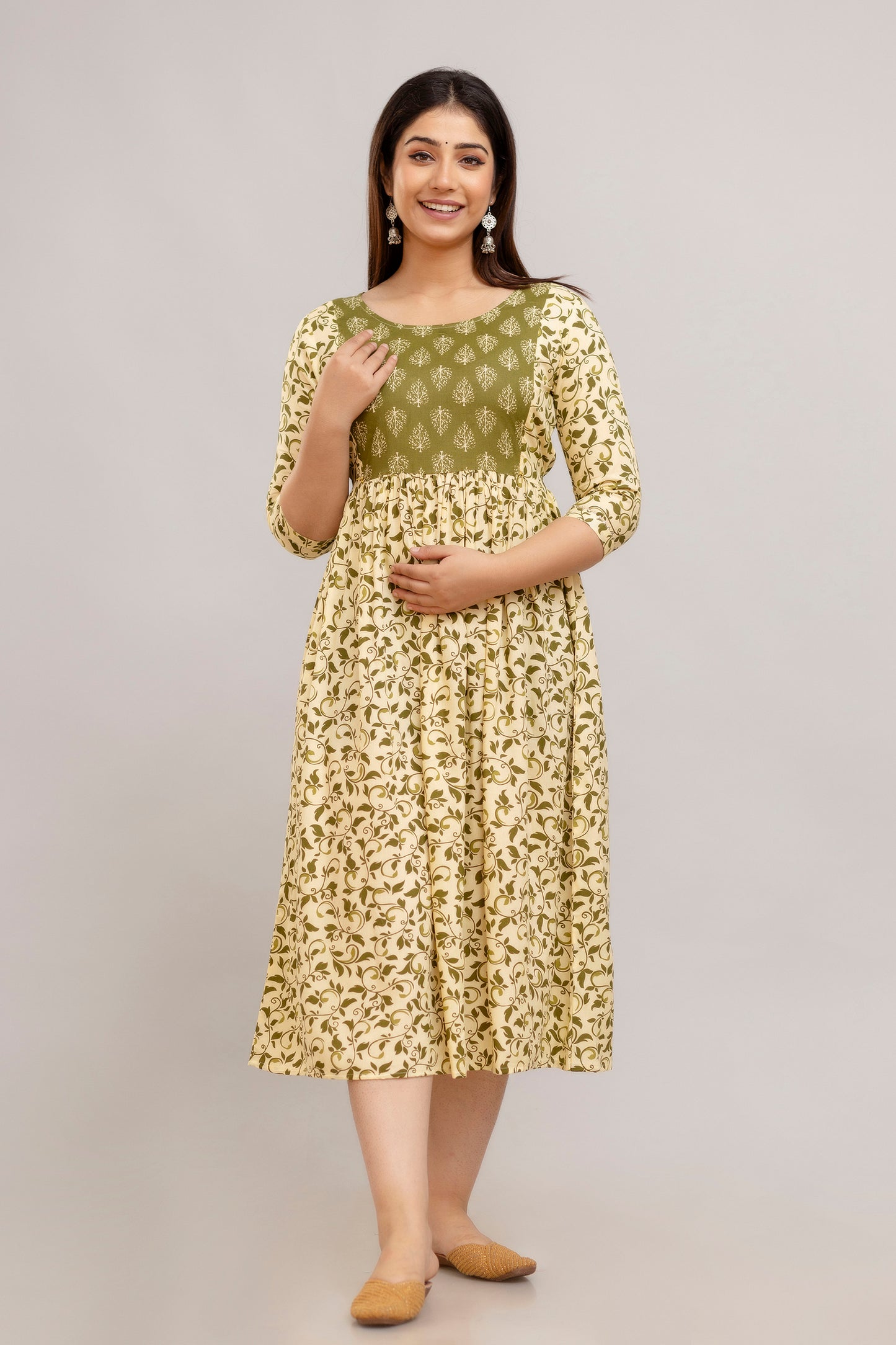 Cream Printed Maternity Gown