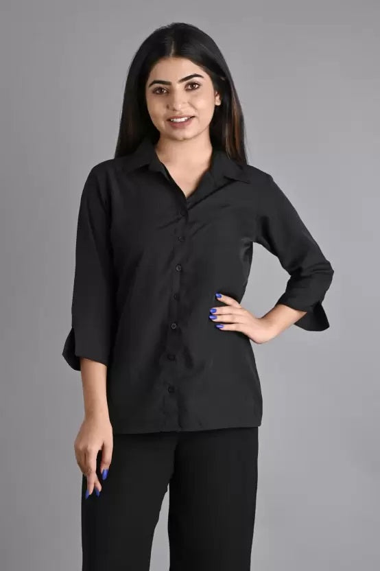 Black Solid Polyester Shirt