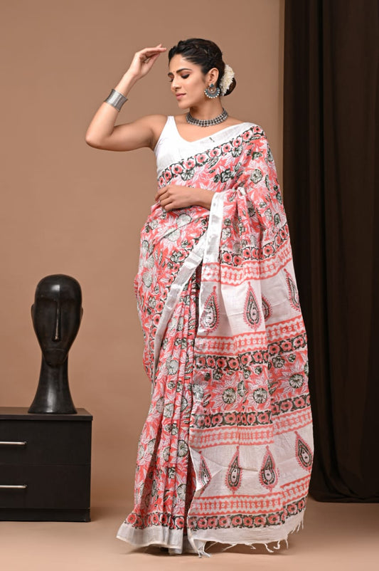 The Perky Peach Pure Handmade Handblock Linen Saree