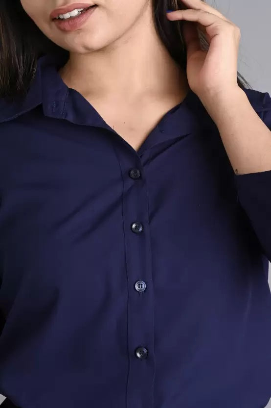 Navy Blue Solid Polyester Shirt