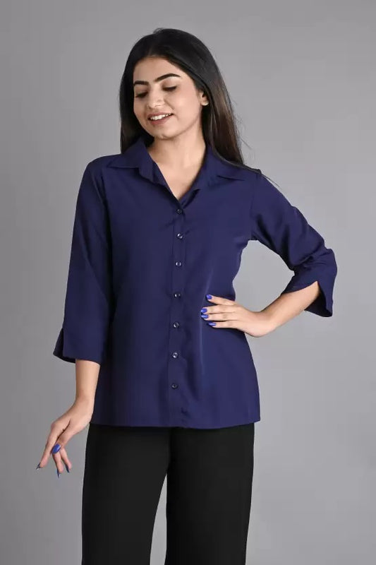 Navy Blue Solid Polyester Shirt