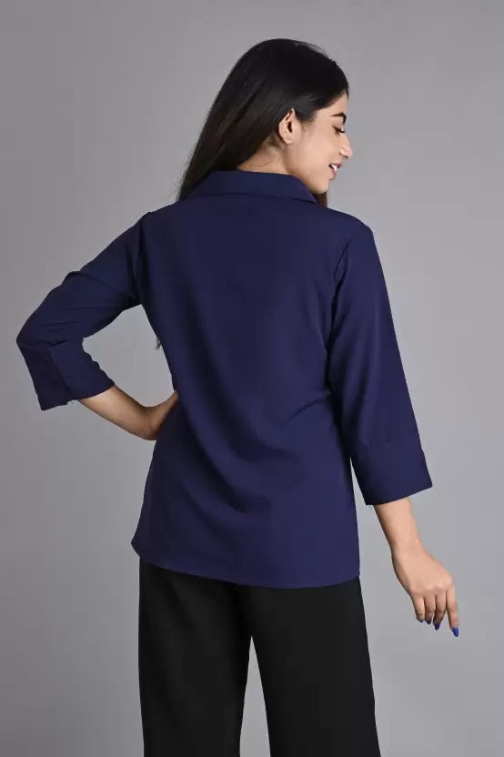 Navy Blue Solid Polyester Shirt