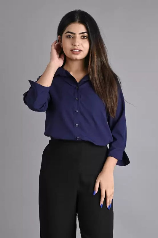 Navy Blue Solid Polyester Shirt
