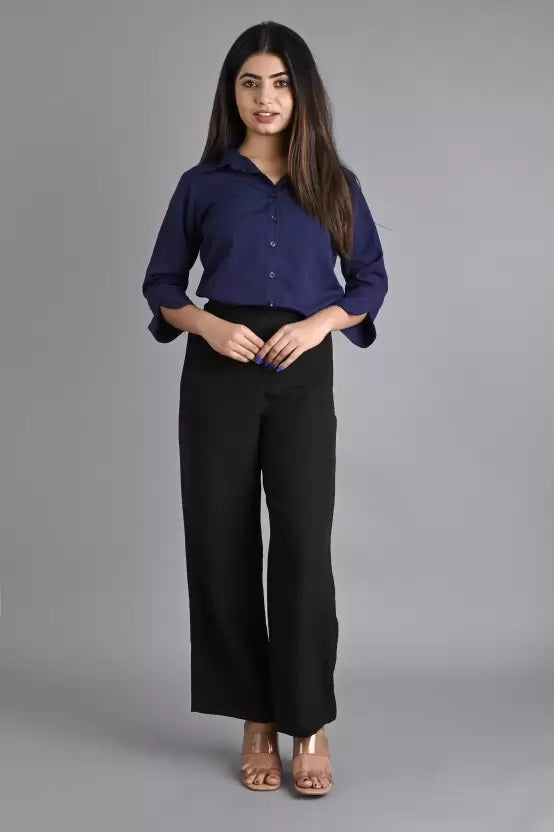 Navy Blue Solid Polyester Shirt