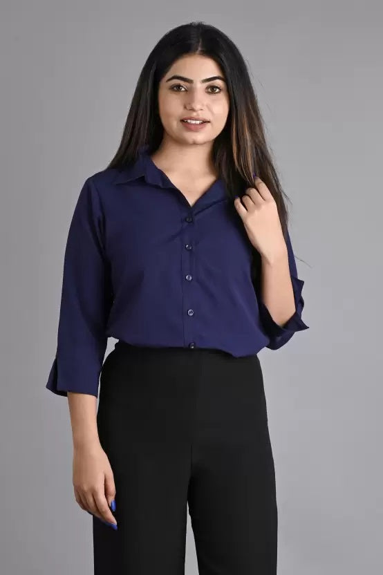 Navy Blue Solid Polyester Shirt