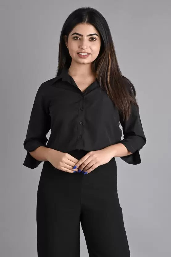 Black Solid Polyester Shirt
