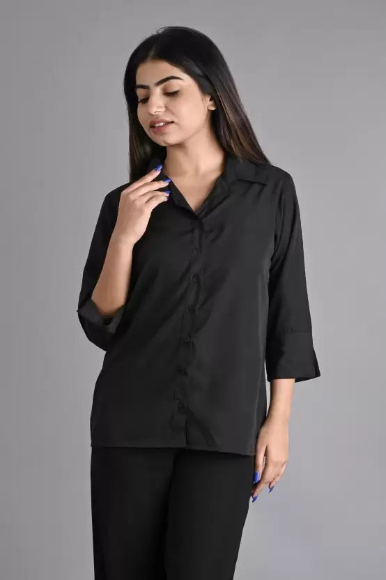 Black Solid Polyester Shirt