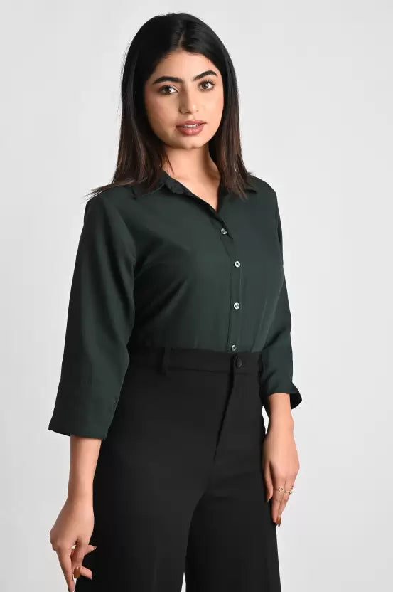Dark Green Solid Polyester Shirt