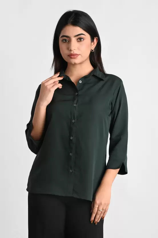 Dark Green Solid Polyester Shirt