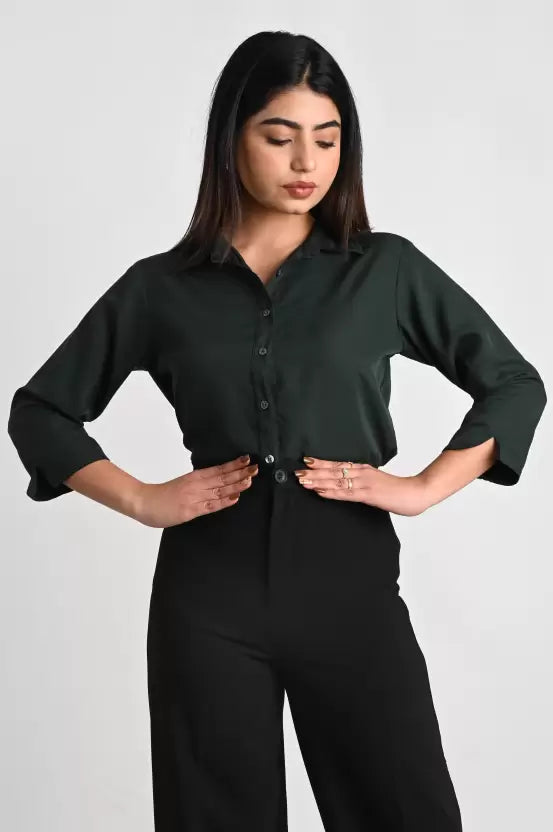 Dark Green Solid Polyester Shirt
