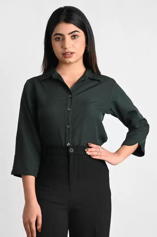 Dark Green Solid Polyester Shirt