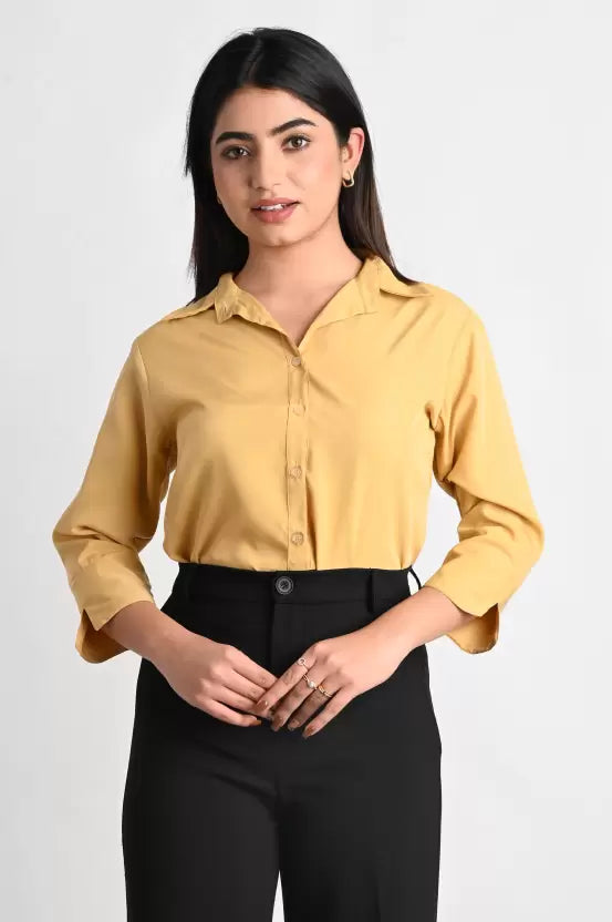 Beige Solid Polyester Formal Shirt