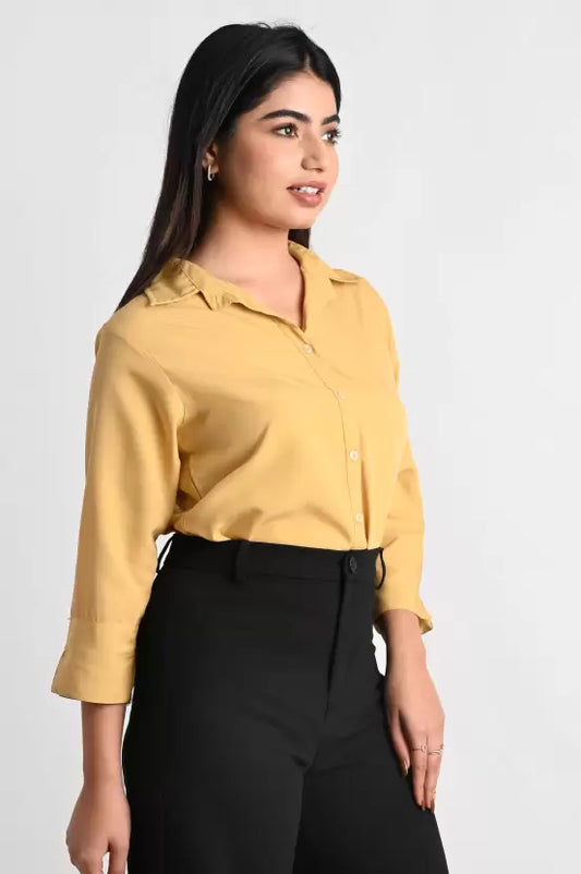 Beige Solid Polyester Formal Shirt