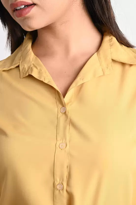 Beige Solid Polyester Formal Shirt