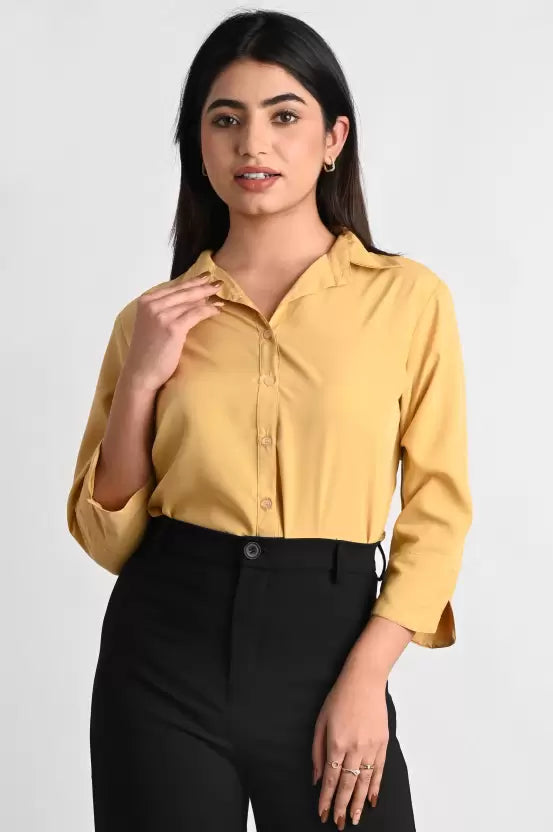 Beige Solid Polyester Formal Shirt