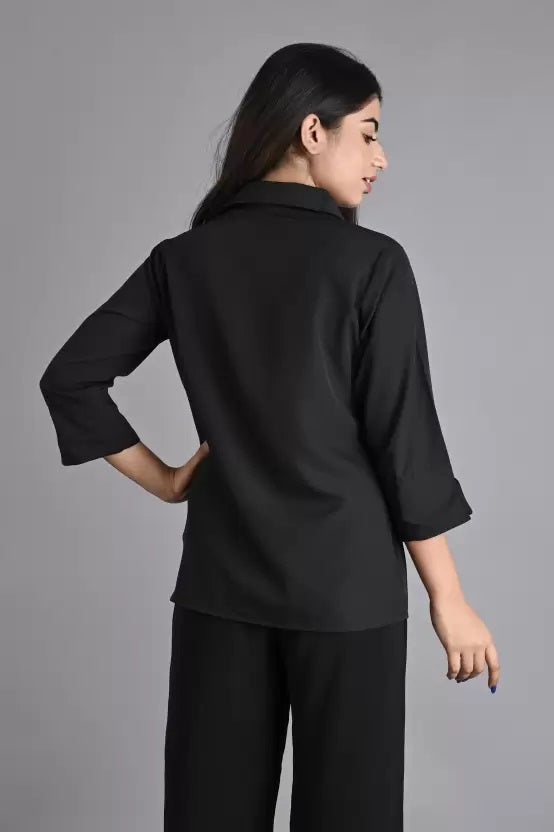 Black Solid Polyester Shirt