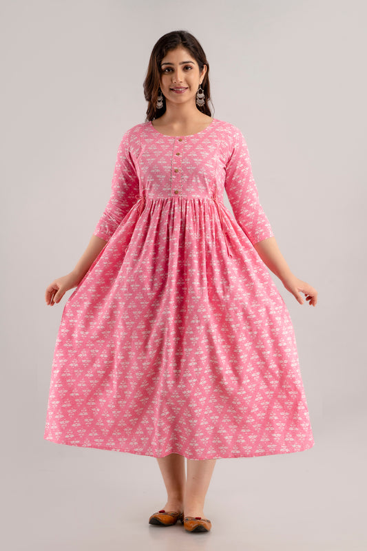Pink Rayon Printed Maternity Gown