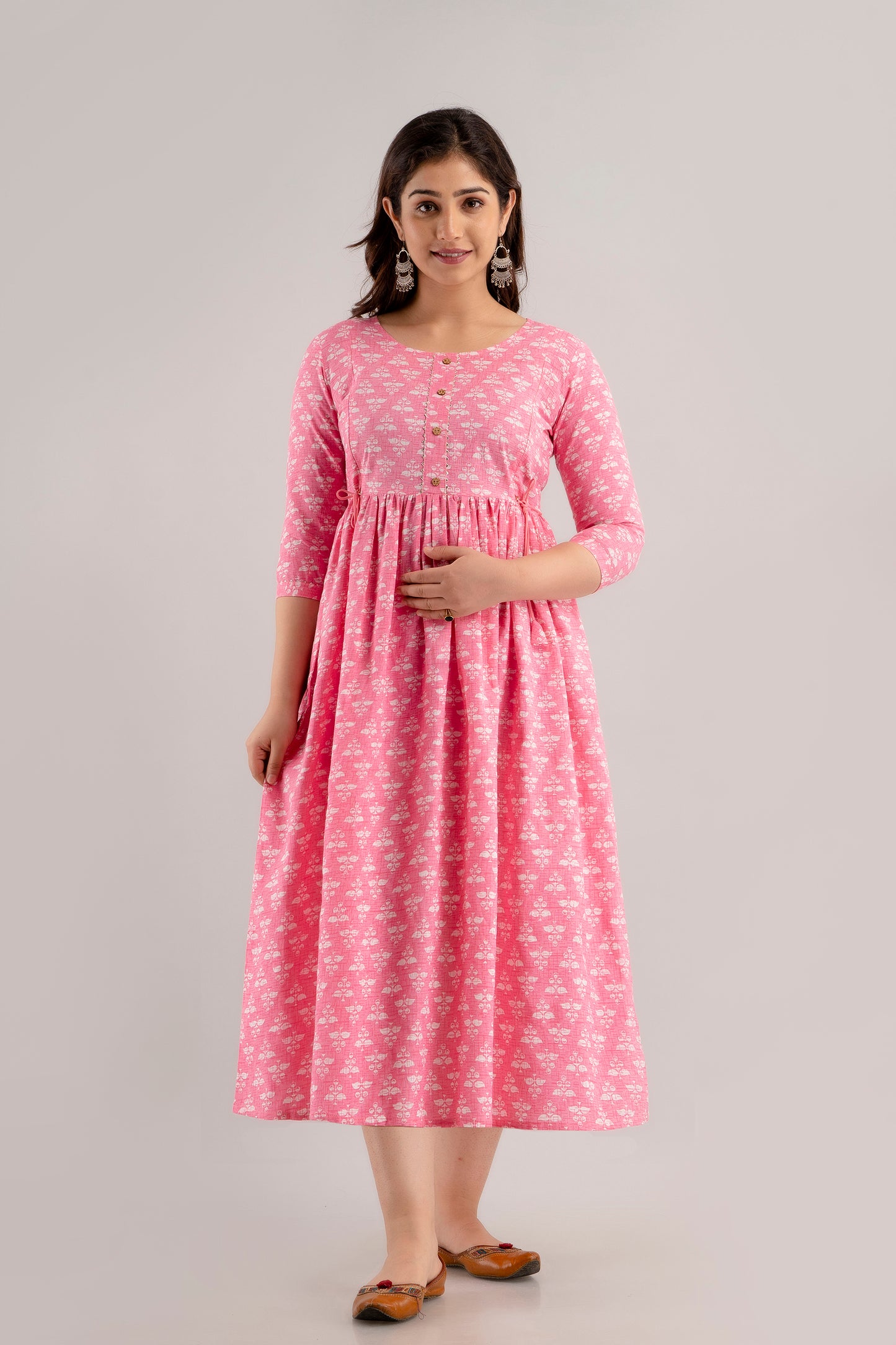 Pink Rayon Printed Maternity Gown