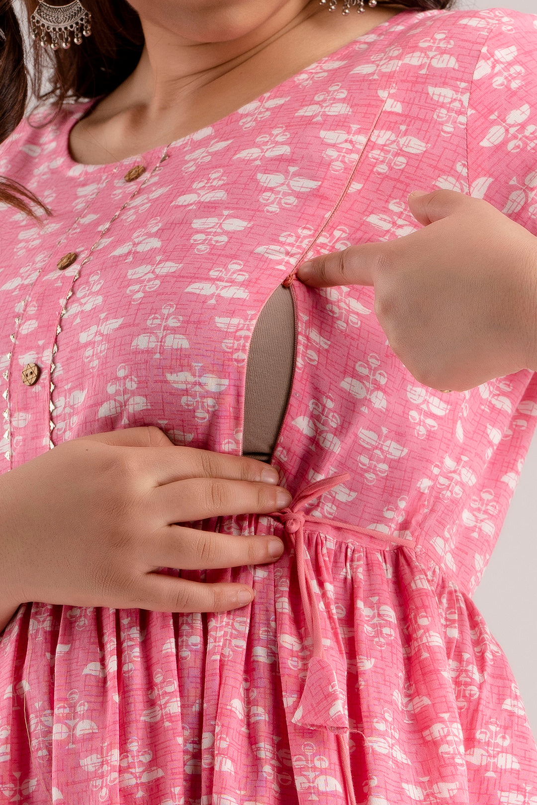 Pink Rayon Printed Maternity Gown