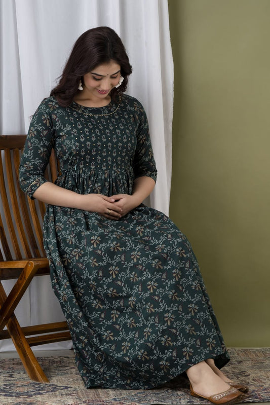 Green Gold Printed Maternity Gown
