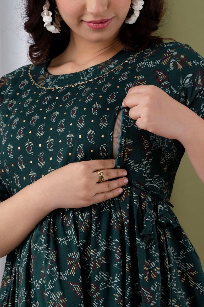 Green Gold Printed Maternity Gown