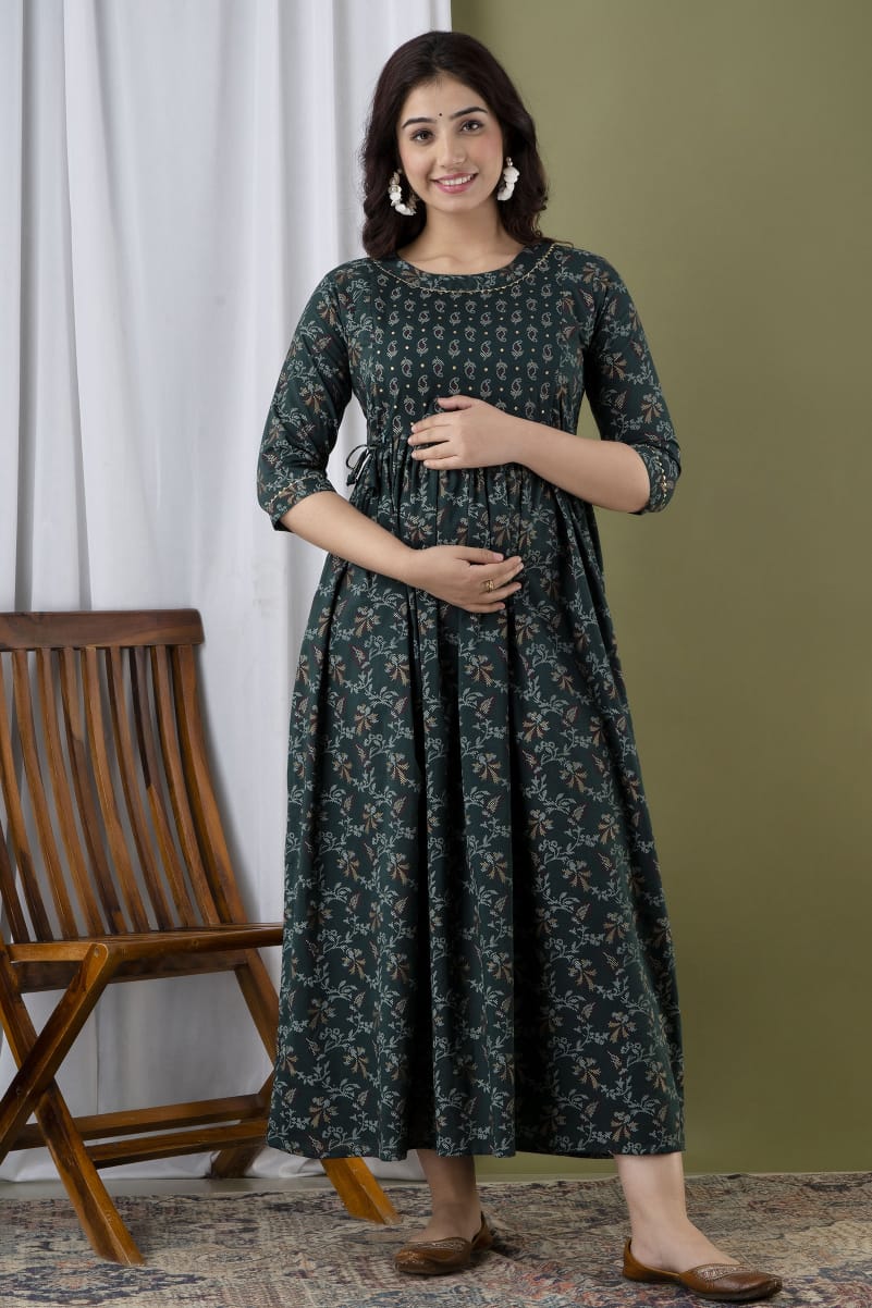 Green Gold Printed Maternity Gown