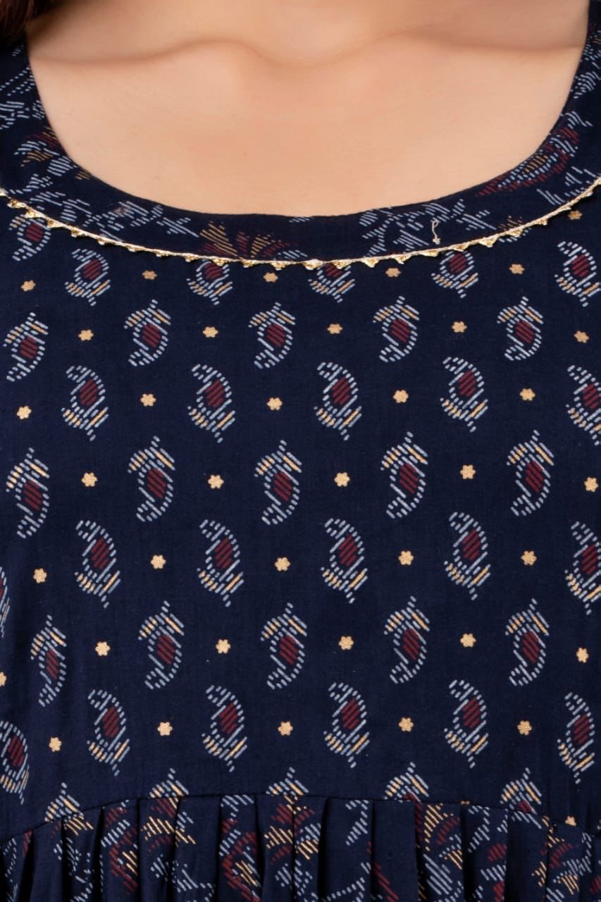 Navy Blue Gold Printed Maternity Gown