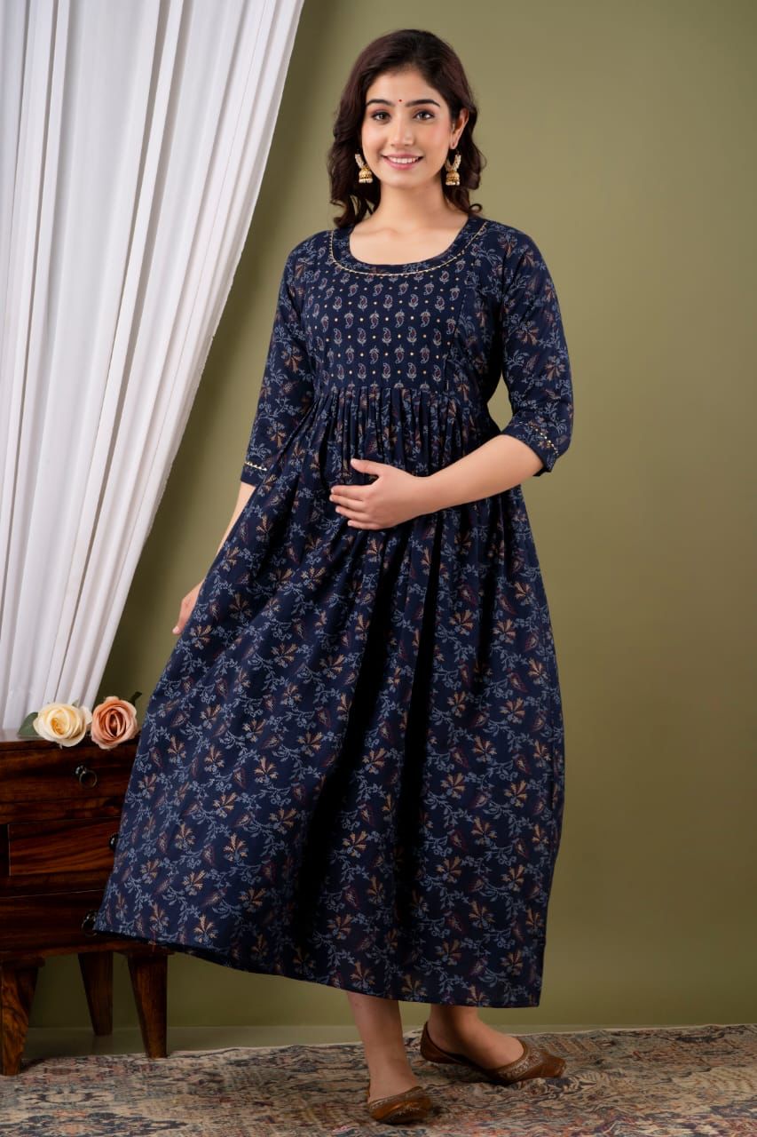 Navy Blue Gold Printed Maternity Gown