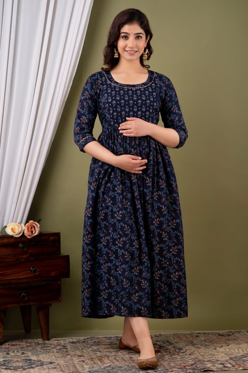 Navy Blue Gold Printed Maternity Gown