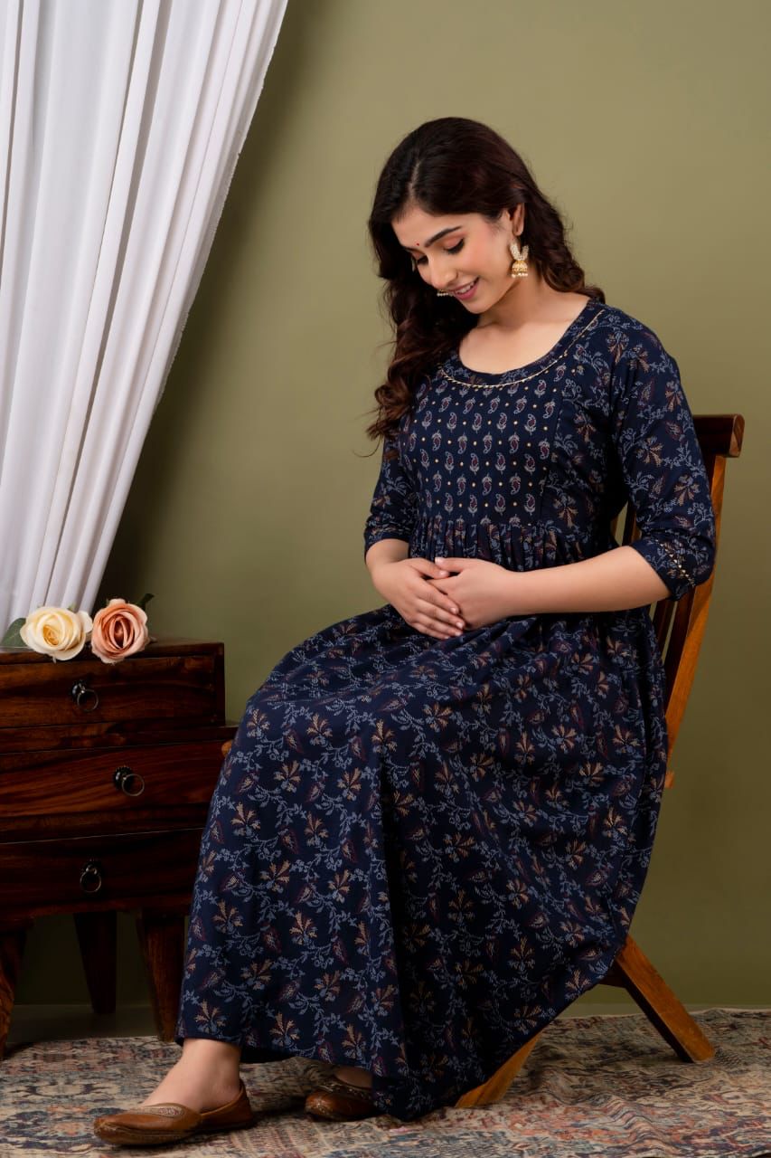 Navy Blue Gold Printed Maternity Gown