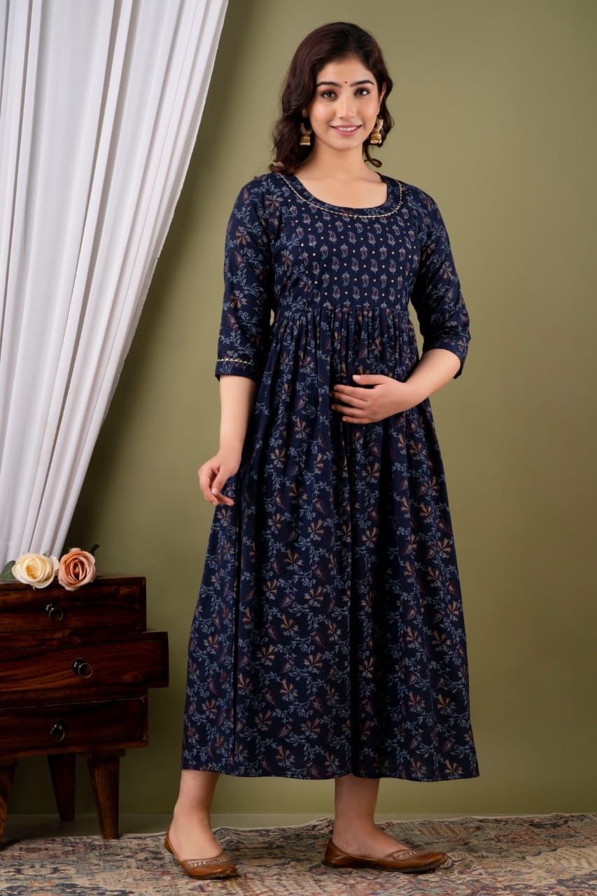 Navy Blue Gold Printed Maternity Gown