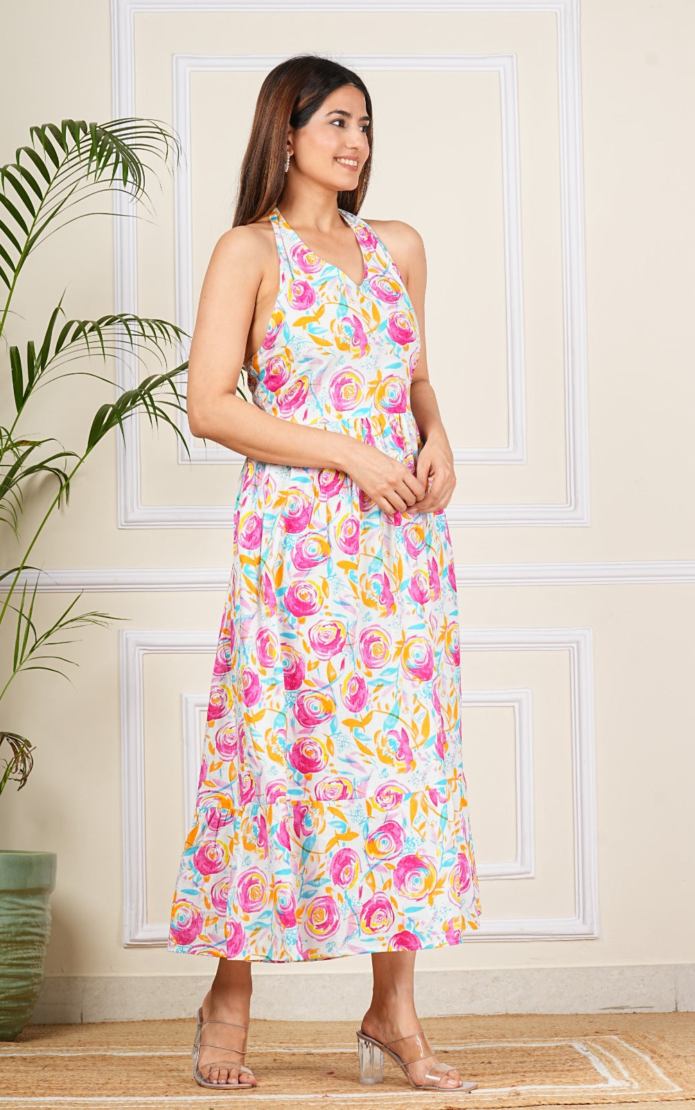 Pink Floral Sleeveless Cotton Dress