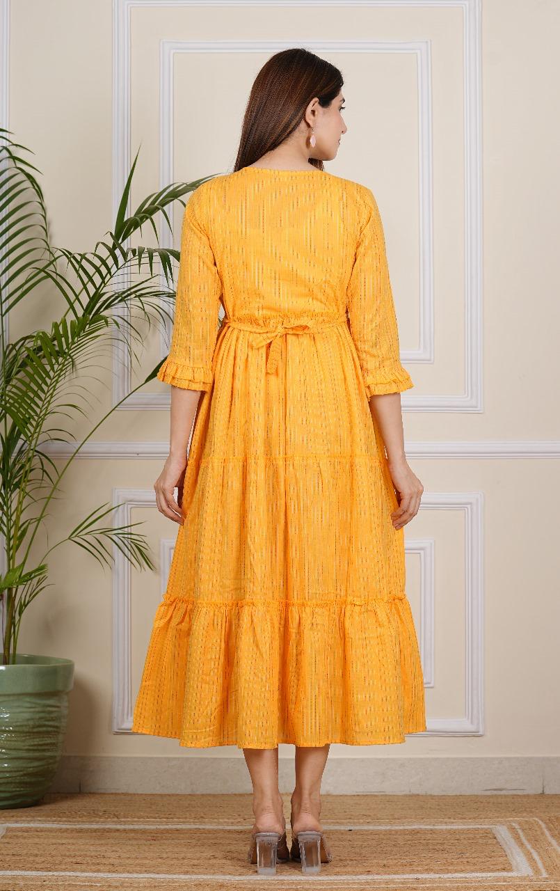 Women's Yellow Multi Line Cotton Katha Maternity Gown