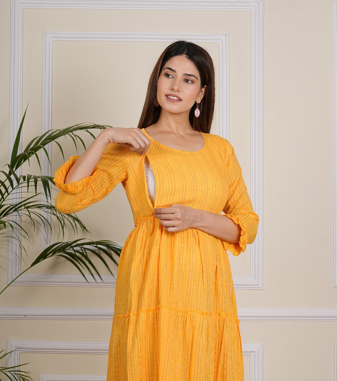 Women's Yellow Multi Line Cotton Katha Maternity Gown