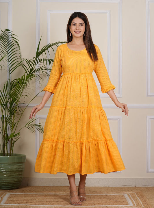 Women's Yellow Multi Line Cotton Katha Maternity Gown