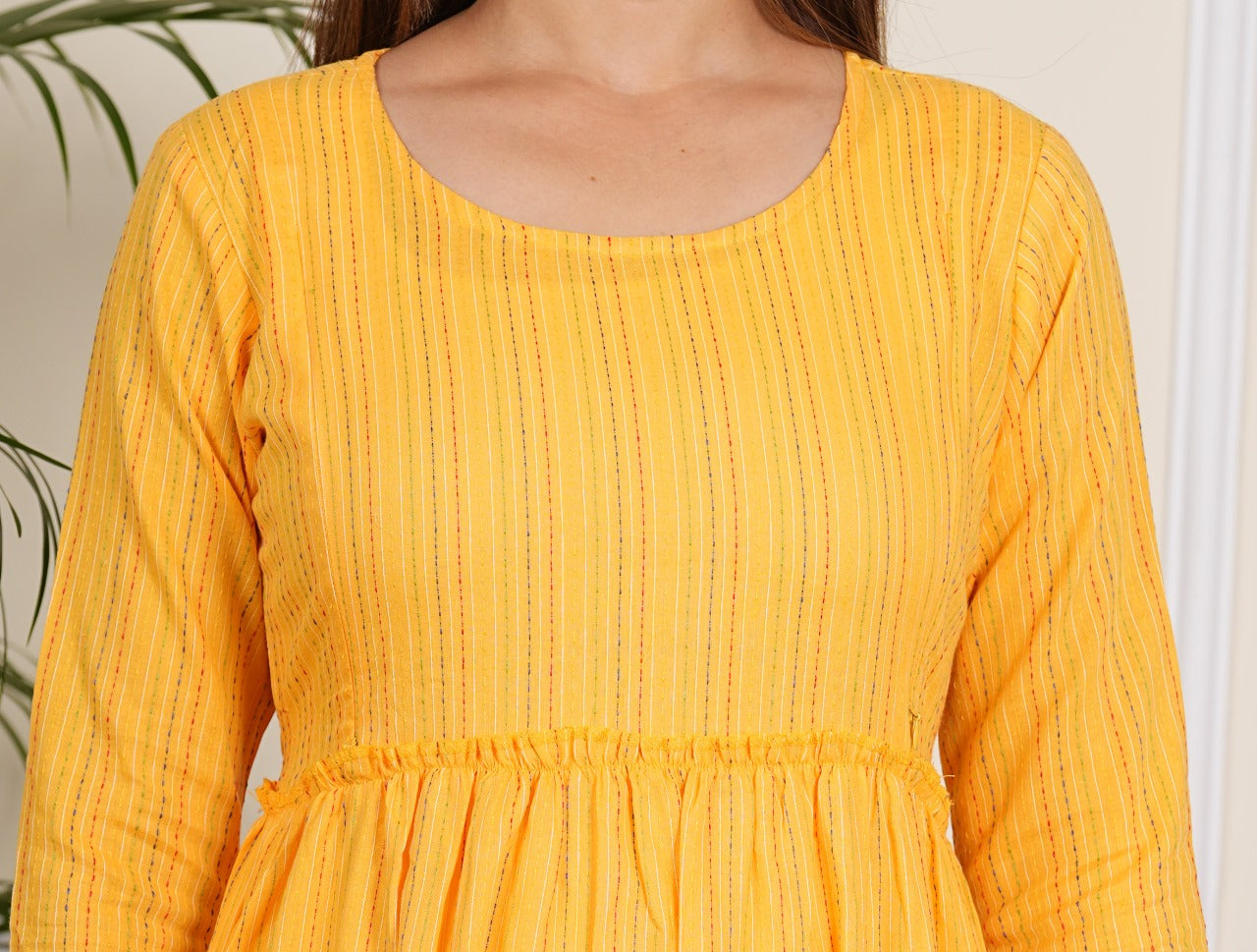 Women's Yellow Multi Line Cotton Katha Maternity Gown