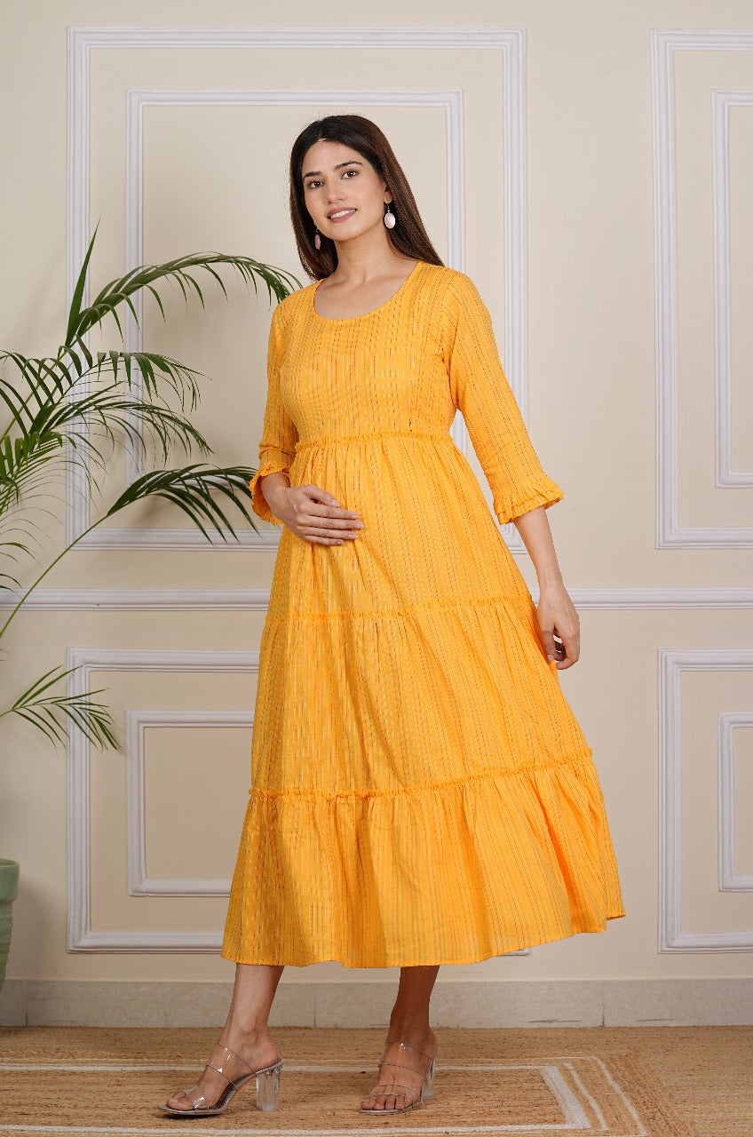 Women's Yellow Multi Line Cotton Katha Maternity Gown